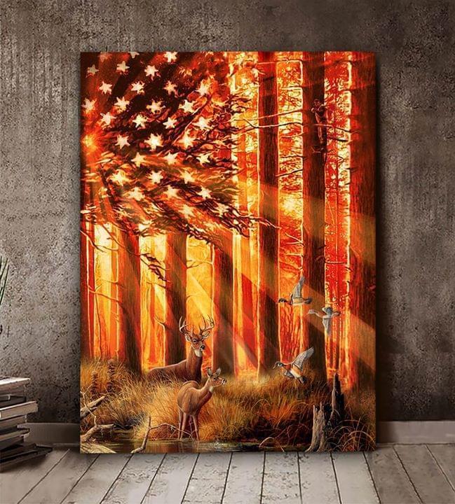 Deer Hunting Sunset Jungle American Flag Poster Canvas