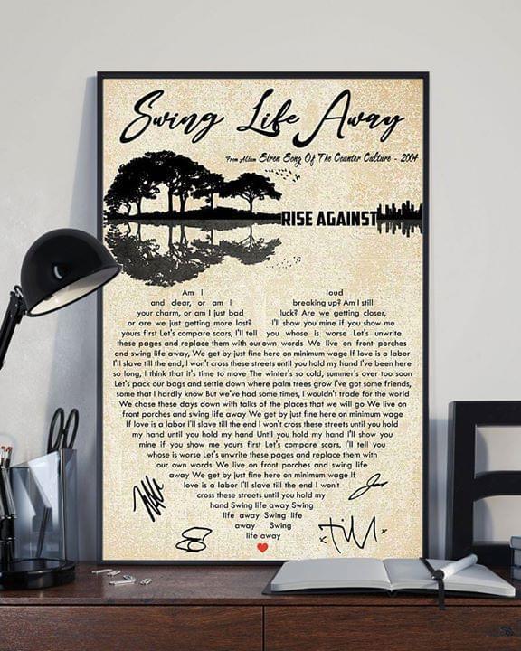 Swing Life Away Lyrics Typography Rise Against Signatures Guitar Reflection Poster Canvas
