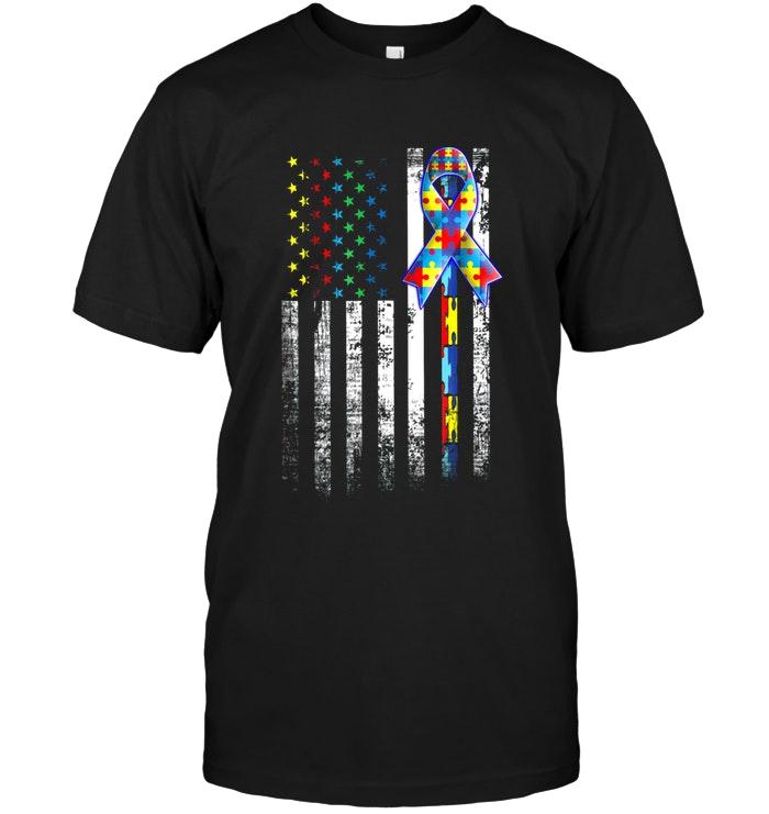 Autism American Flag Navy T Shirt New Style