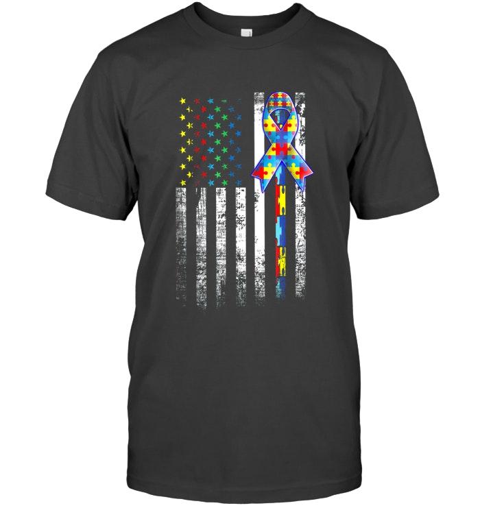 Autism American Flag Navy T Shirt