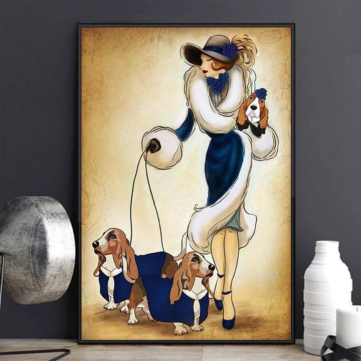 Basset Hound Walking Lady Poster Canvas