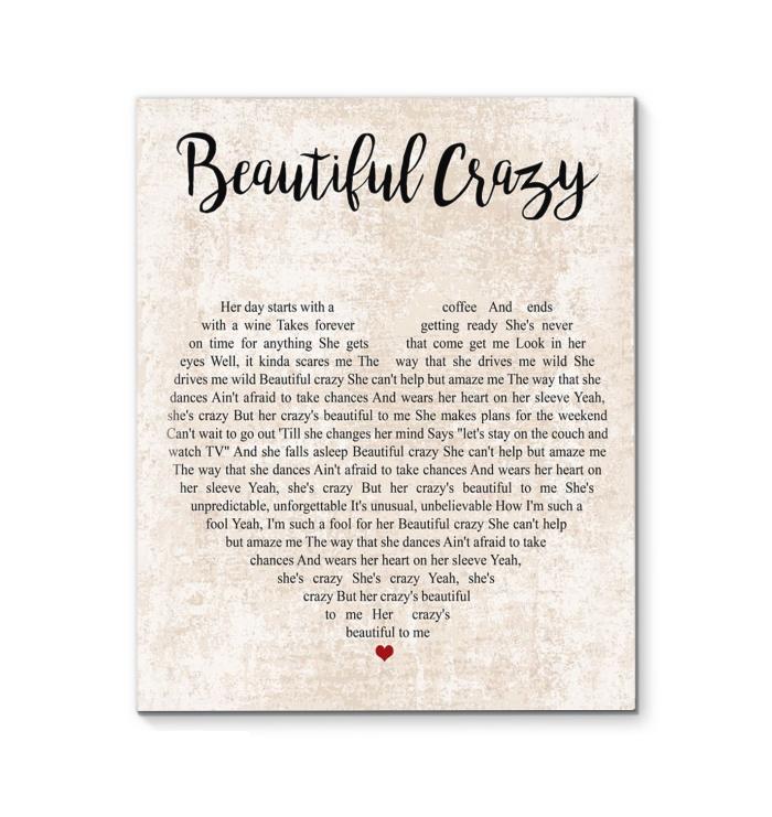 Beautiful Crazy Luke Combs Lyric Heart Canvas