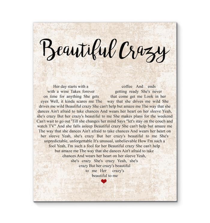 Beautiful Crazy Luke Combs Lyric Heart Typography Canvas