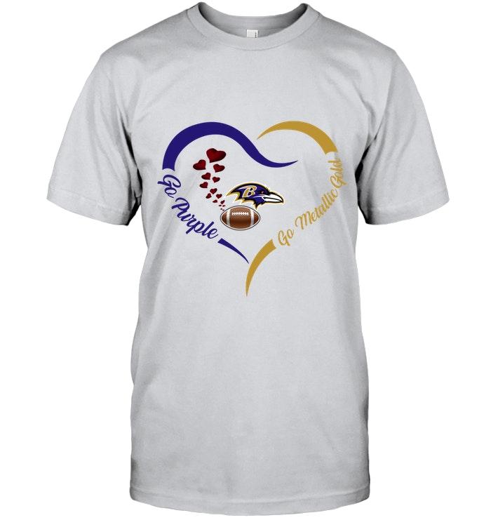 Go Purple Go Metallic Gold Baltimore Ravens Fan Heart Shirt