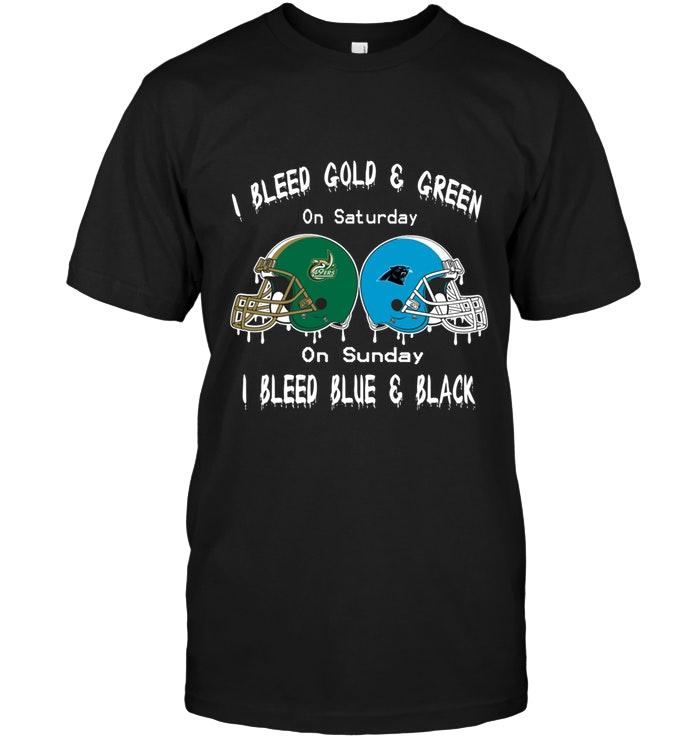 I Bleed Charlotte 49ers Gold & Green On Saturday Sunday I Bleed Carolina Panthers Blue & Black Shirt