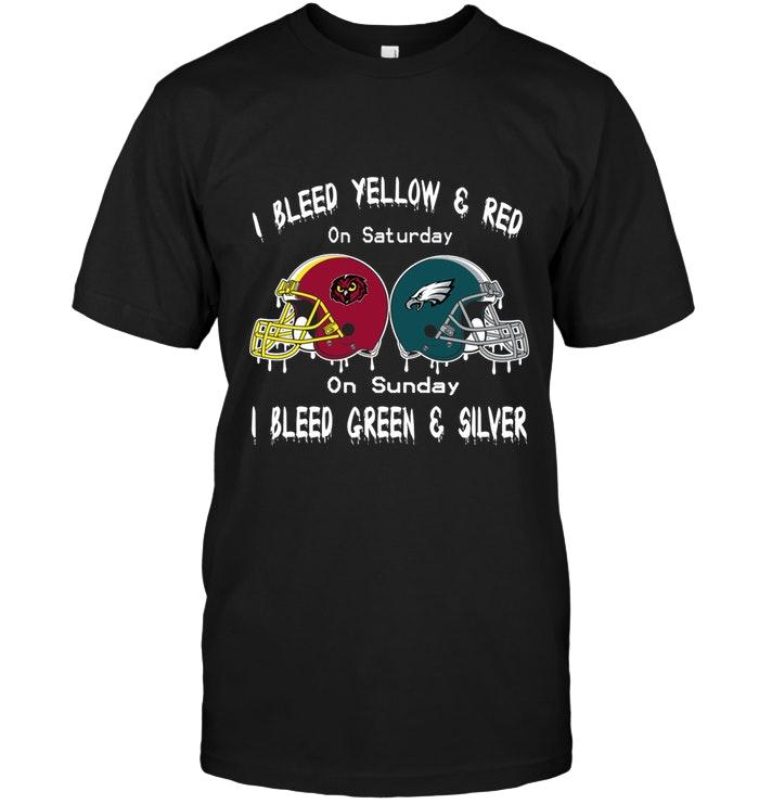 I Bleed Temple Owls Yellow & Red On Saturday Sunday I Bleed Philadelphia Eagles Green & Silver Shirt