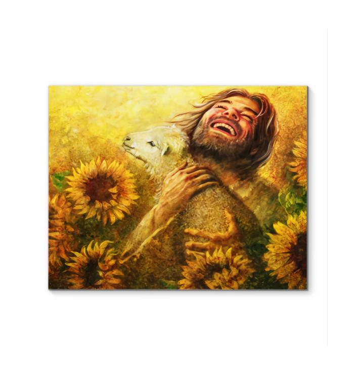 Jesus And Lamb In Field Of Sunflower White Horizontal Canvas Print
