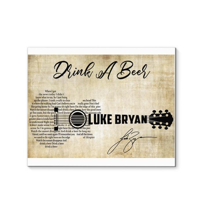 Luke Bryan Drink A Beer Lyric Guitar Typography Signed Canvas