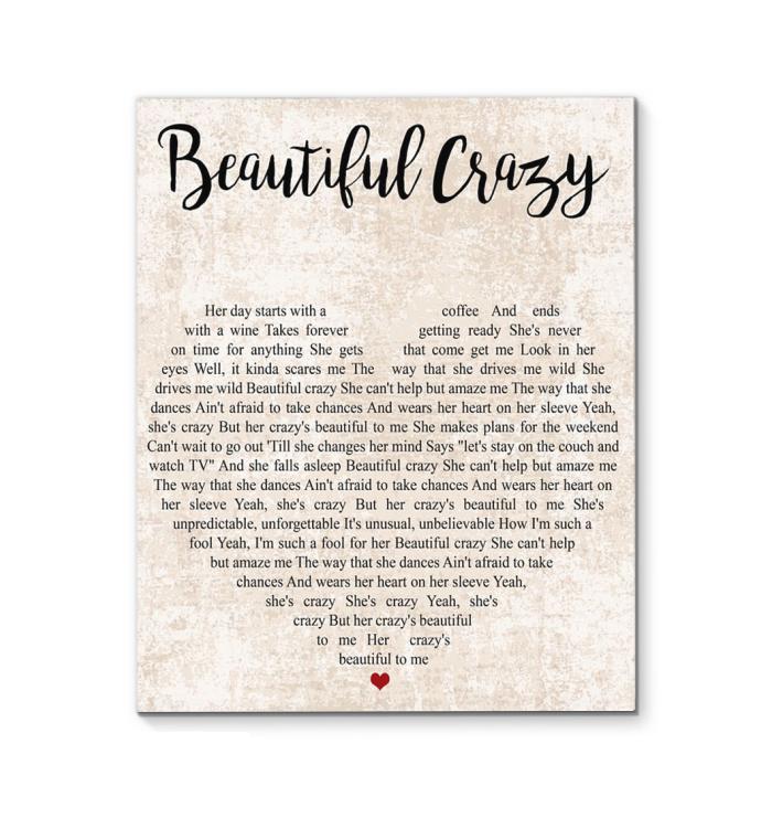 Luke Combs Beautiful Crazy Lyric Typography Heart Canvas