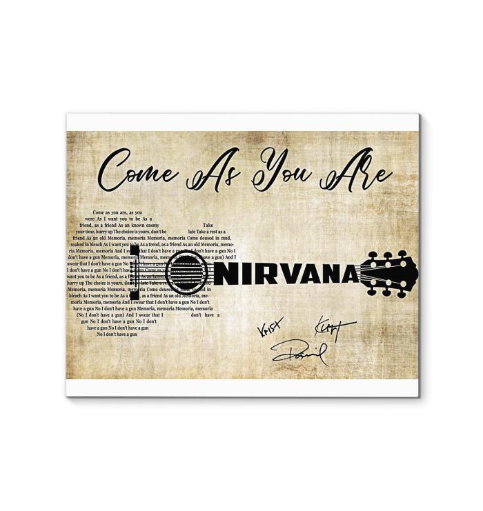 Nirvana Come As You Are Lyric Guitar Typography Signed Canvas