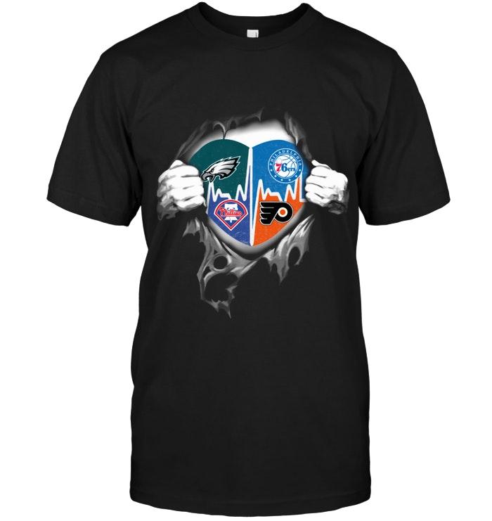 Philadelphia Eagles 76ers Phillies Flyers Heartbeat Love Ripped Shirt