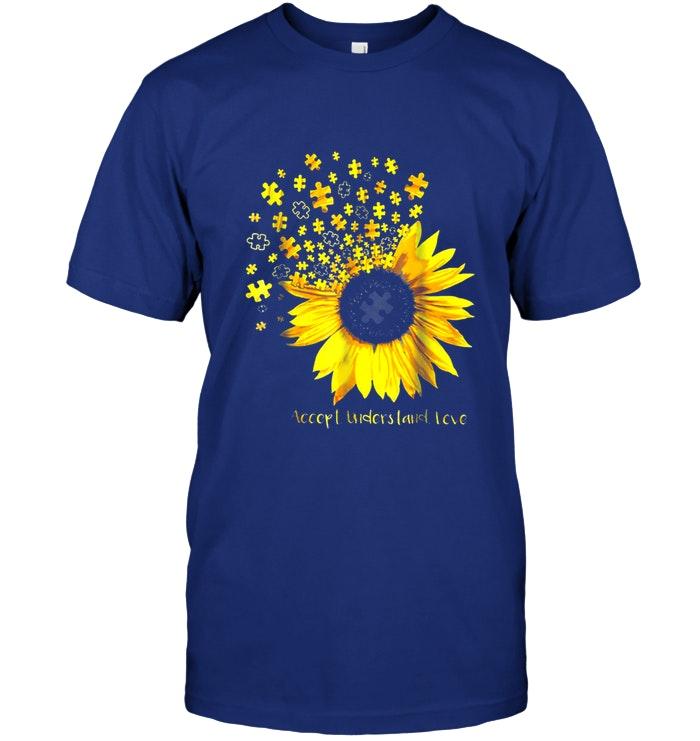 Sunflower Accept Understand Love Autism Navy T Shirt