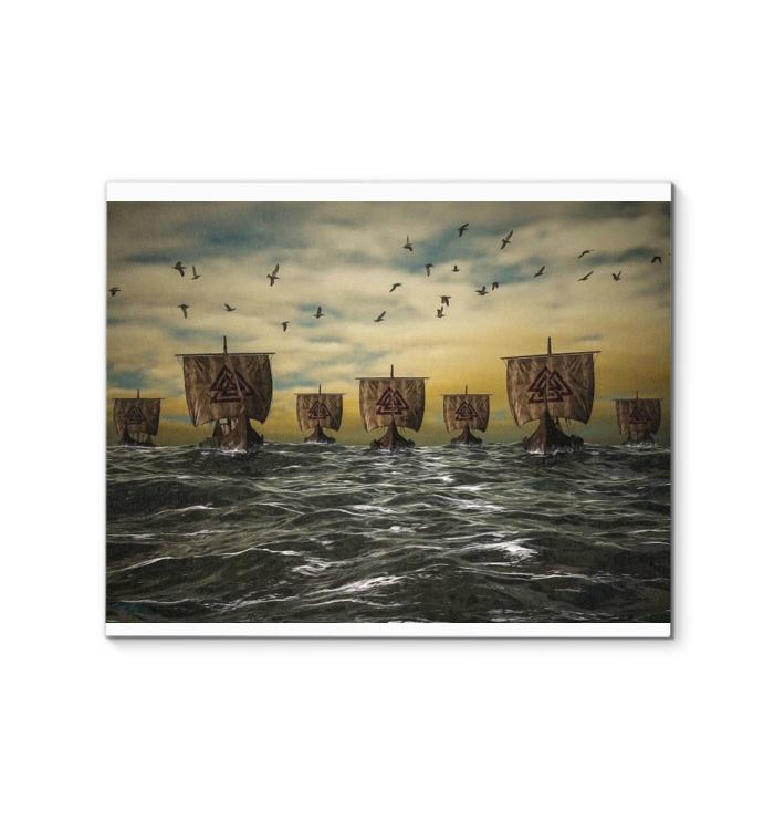 Viking Battle Ships On The Ocean Canvas