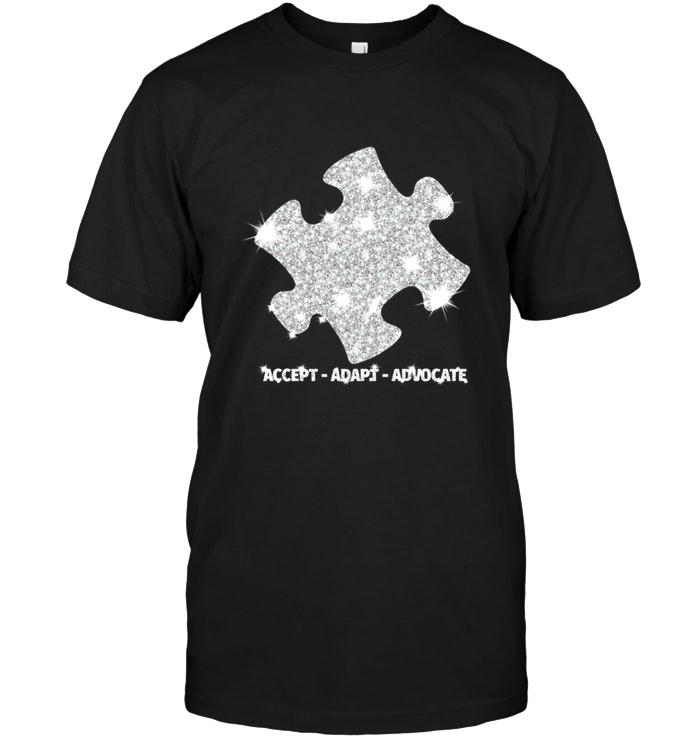 Accept Adapt Advocate Autism Puzzle  Diamond Glitter Black T Shirt