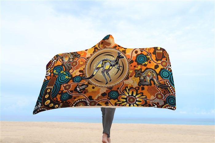 Aboriginal Kangaroo Dot Painting Style Premium Hooded Blanket Allover Print