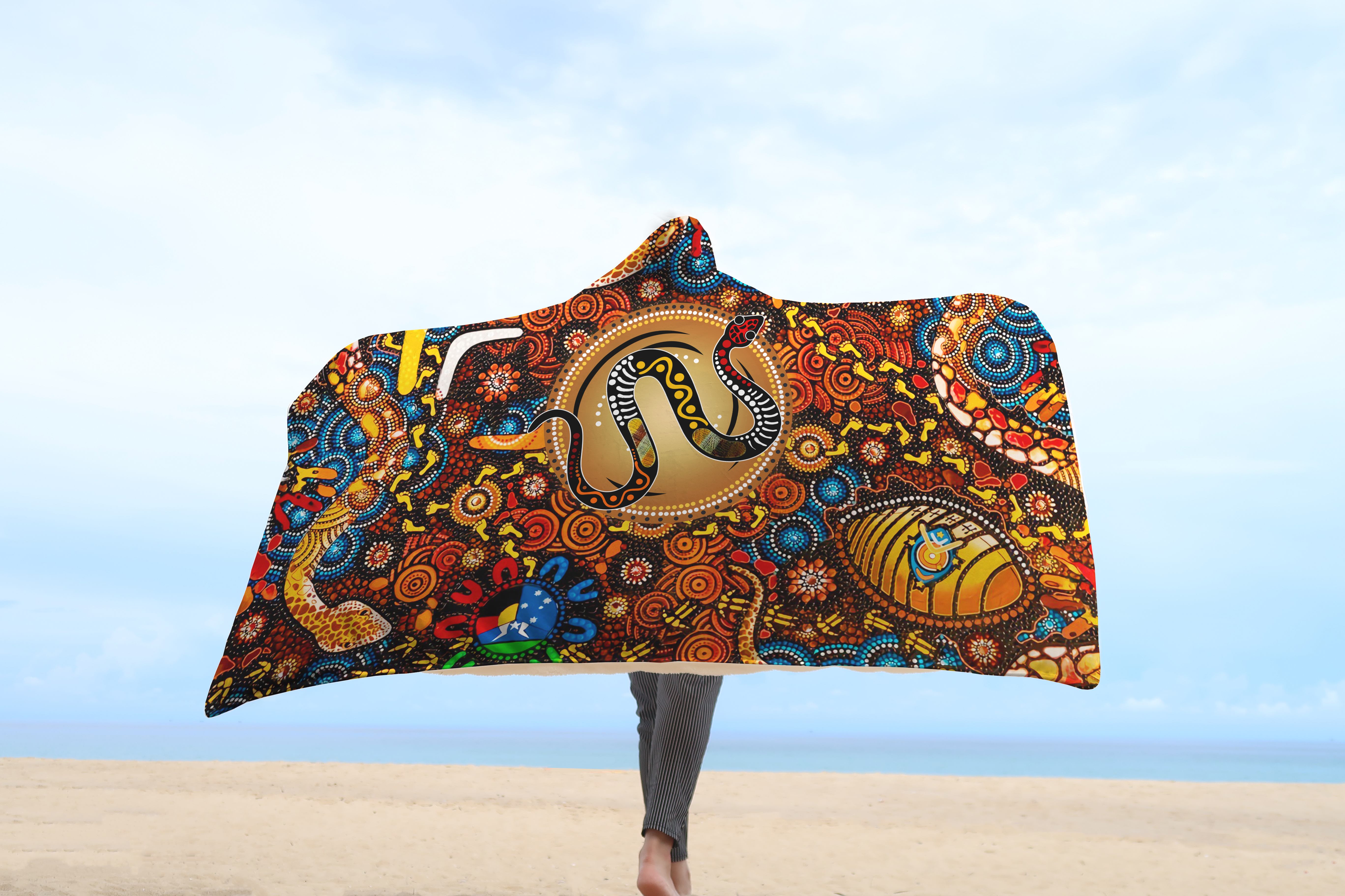 Aboriginal Snake Dot Painting Style Premium Hooded Blanket Allover Print