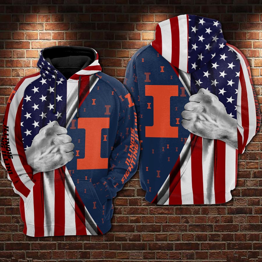 Illinois Fighting Illini Usa Flag 3d Hoodie Allover Print