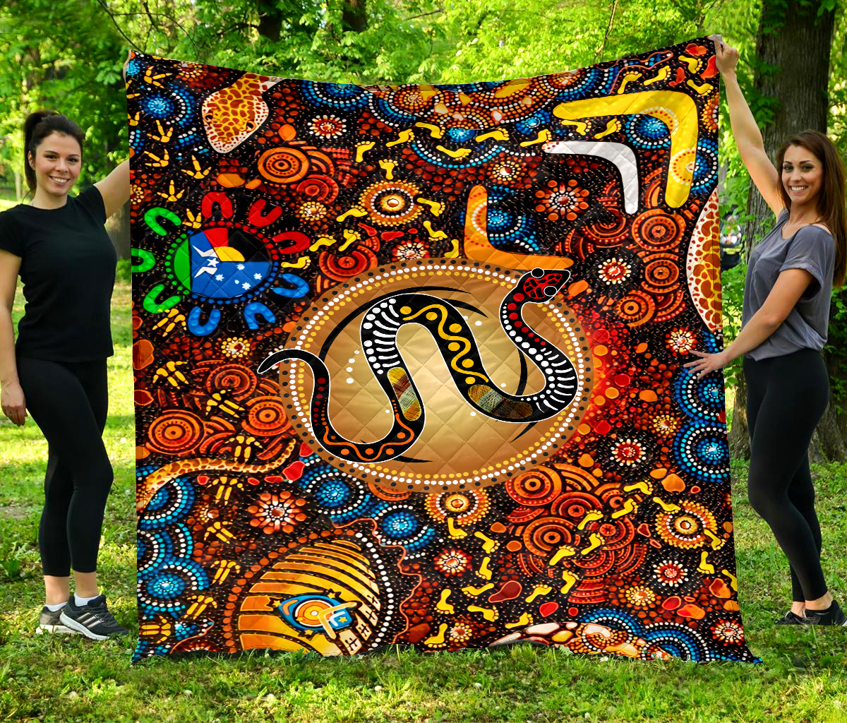 Aboriginal Snake Dot Painting Style Premium Quilt Allover Print