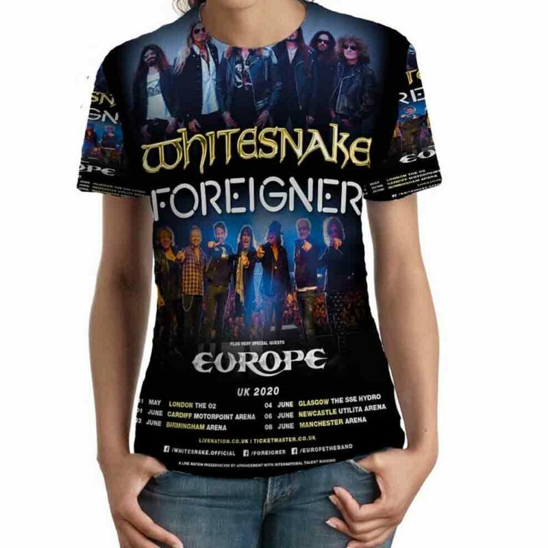 Whitesnake Foreigner Europe Band Tour 2020 Fullprint TEE New T-Shirt FOR Womens