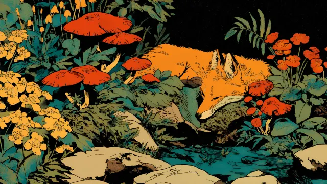 Forest Glade With Mushrooms And A Fox wallpaper on Pixipics