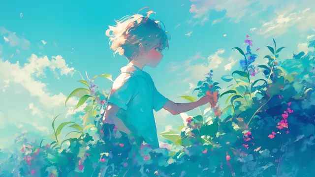 Anime Boy Picking Flowers Field wallpaper on Pixipics