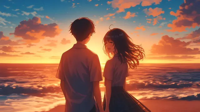 Sunset Stroll Duo Beach Romance wallpaper on Pixipics