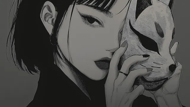 Fox Mask Girl Anime Noir wallpaper on Pixipics