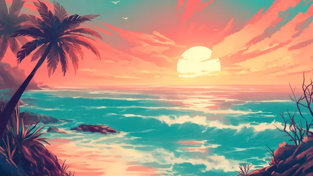 Sunset Palm Beach Pastel Ocean Vibes wallpaper on Pixipics