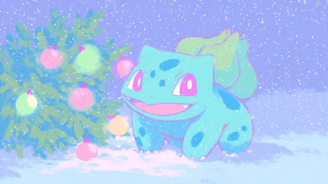 Pokemon Bulbasaur Smiling Near Christmas Tree wallpaper on Pixipics