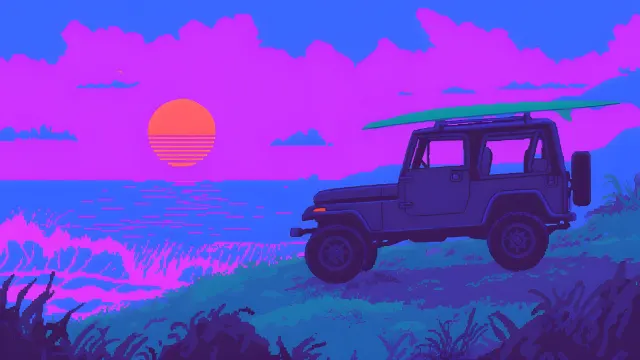 Synthwave Jeep Surfboard Ocean Sunset Vaporwave wallpaper on Pixipics