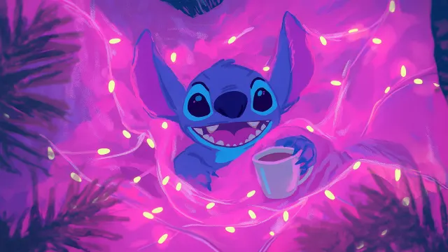 Stitch Laughing In Tangled Purple Fairylights wallpaper on Pixipics