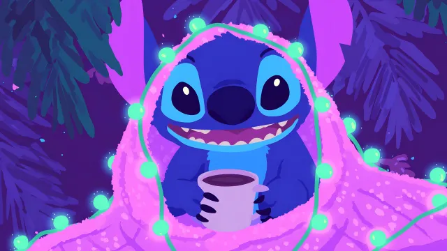 Stitch Wrapped In Pink Blanket With Lights wallpaper on Pixipics