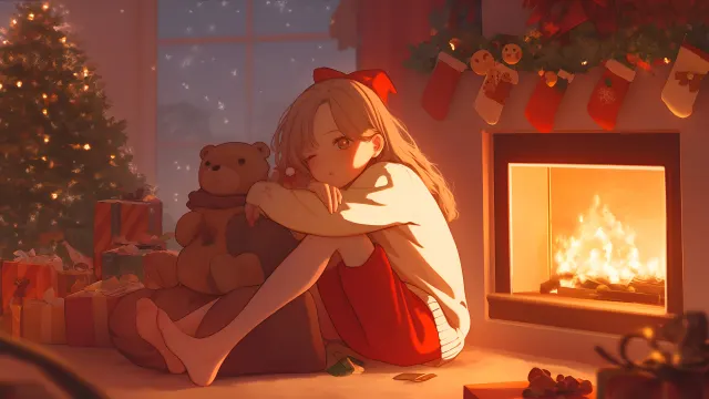 Cozy Christmas Gril Near Fireplace wallpaper on Pixipics