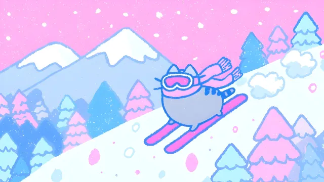 Pusheen Cat Skiing Snowy Pink Mountains wallpaper on Pixipics