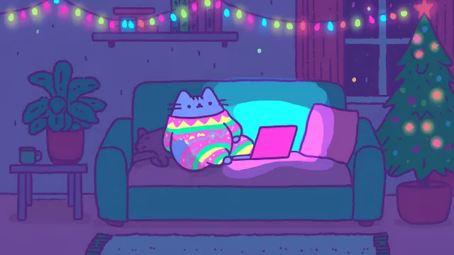 Pusheen Wearing A Colorful Sweater In A Cozy Room wallpaper on Pixipics