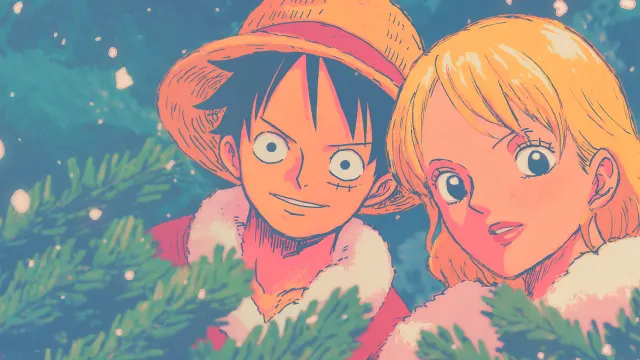 Luffy Nami Christmas Aesthetic Snow Fluffy Coat wallpaper on Pixipics