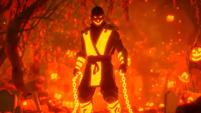 Mk Scorpion Halloween Flaming Pumpkin Graveyard wallpaper from Pixipics