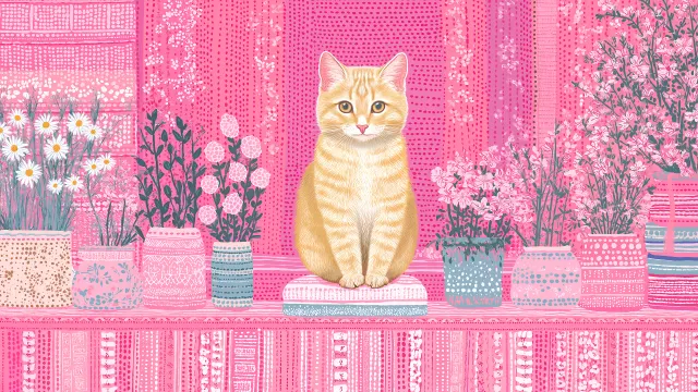 Orange Tabby Cat Pink Floral Folkart wallpaper on Pixipics