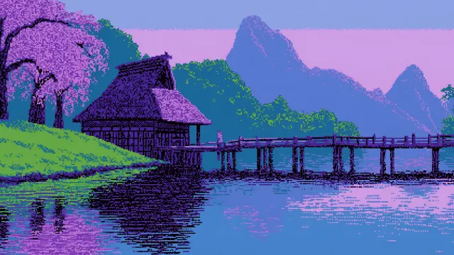 Pixel Art Japanese Landscape Cherry Blossom Bridge wallpaper on Pixipics