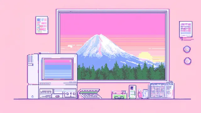 Pixel Art Mount Fuji Pink Vibrant 8Bit Room wallpaper on Pixipics