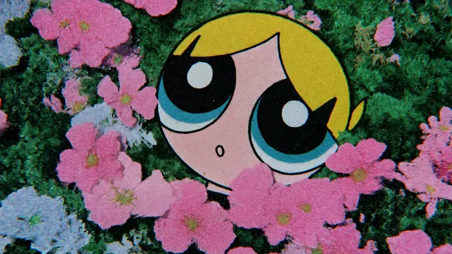 Powerpuff Girls Bubbles Hiding In Pink Flowers wallpaper on Pixipics