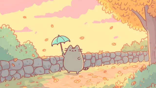 Pusheen Autumn Walk With Umbrella wallpaper on Pixipics