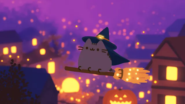 Pusheen Cat Witch Flying On Broom Halloween wallpaper on Pixipics