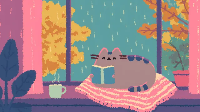 Pusheen Reading By Window Rainy Day Cozy Autumn wallpaper on Pixipics