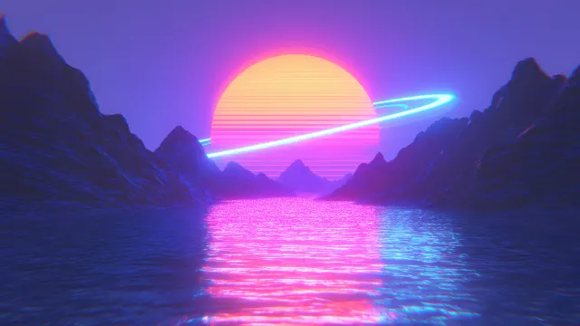 Retrowave Vistas Orange Sun Neon Water Reflection wallpaper on Pixipics