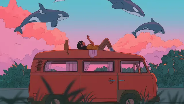 Surreal Floating Orcas Van Chill wallpaper on Pixipics