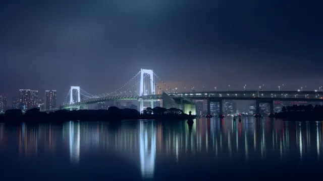 Tokyo Rainbow Bridge At Night Over Sumida River wallpaper on Pixipics