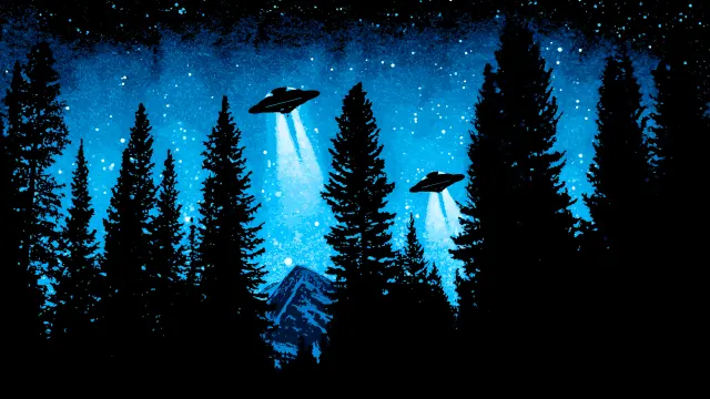 Ufo Abduction Two Ships Blue Light Pine Forest wallpaper on Pixipics
