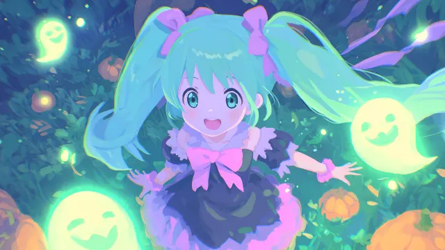 Vocaloid Hatsune Miku Chibi Ghosts And Pumpkins Kawaii wallpaper on Pixipics