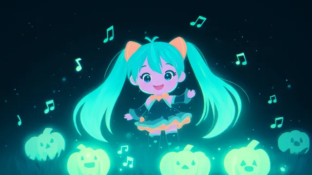 Vocaloid Hatsune Miku Chibi Neon Pumpkins Glowing wallpaper on Pixipics